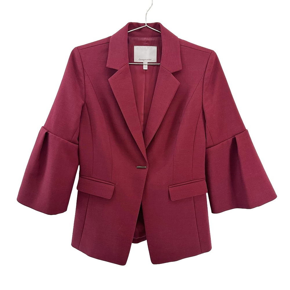 CLASSIQUES ENTIER Chic Wool Blend 3/4 Bell Sleeve Blazer • Small • Burgundy